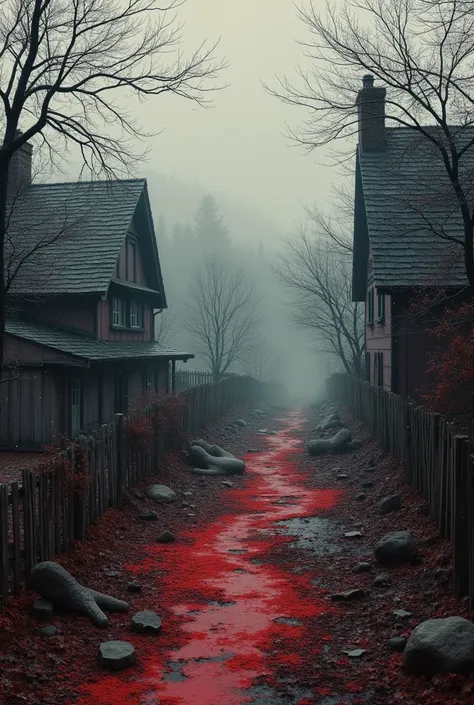 withered littered garden, fencing, cottege mansions. footpath. settlements backstreet, ravine, snowfall. november. 
red scarlet grey tones.

. 19th century, depressive, aesthetic. gustave dore illustration style. lovecraft atmosphere. horror, gothic, decad...