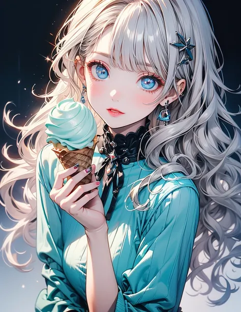  a person holding an ice cream cone, pretty girl, Wavy silver-haired woman, bangs, Bright Blue Eyes, Red lips, Gentle green dress,