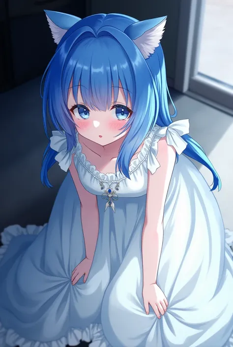  goal and seduces a blue-haired blue-eyed girl .  wearing a white dress and her face is blushing. The illustration shows a haruka-style . The girl is alone and ,  is leaning forward and wearing the front of her clothes with her fingers.