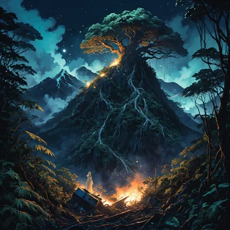 In a brief interim a ghostly dryad illuminates with St. Elmos Fire a 747 crash site at the top of a mountain covered by tropical vegetation, showcasing the destruction partially hidden by vegetation, nighttime, melancholic, gloomy, eerie. inspired by manhu...