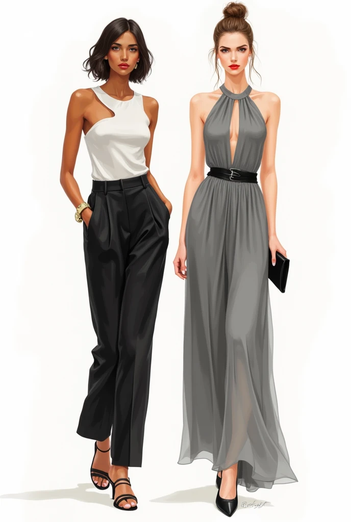 1. Prompt 1: "Create a fashion illustration featuring two stylish women. One is wearing a modern, cut-out sleeveless top paired with loose black trousers and sandals, while the other is in an elegant gray dress with a keyhole neckline, holding a clutch. Th...