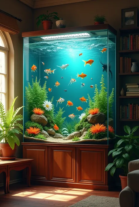 A cute large aquarium with goldfish, angelfish, guppy fish and koi fish, background is inside a home