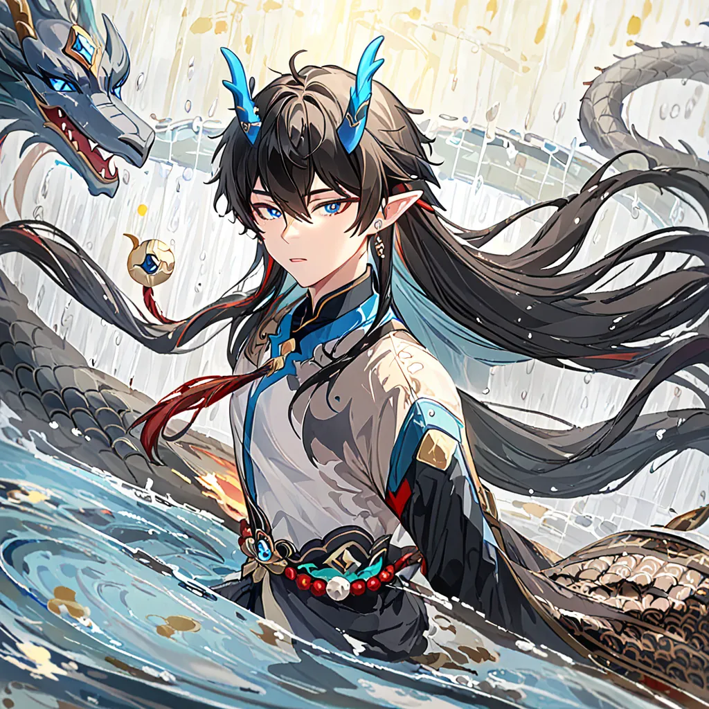 1boy,male_focus,horns,jewelry,pointy_ears,black_hair,long_hair,chinese_clothes,earrings,solo,looking_at_viewer,dragon,blue_eyes,...