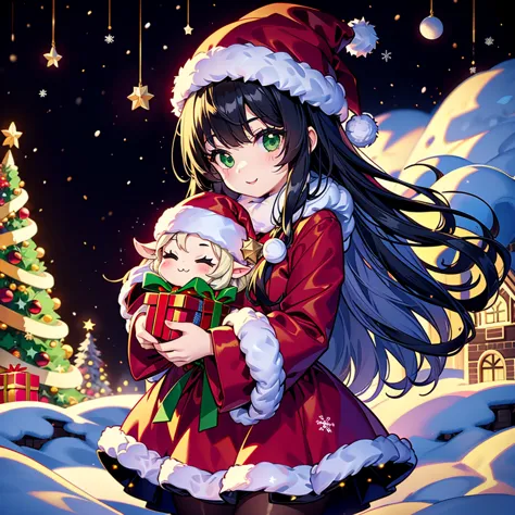 christmas、 1 beautiful girl with pieces 、 black and white santa claus dress、black small silk hat 、chibi、cute、universe、milky way、...