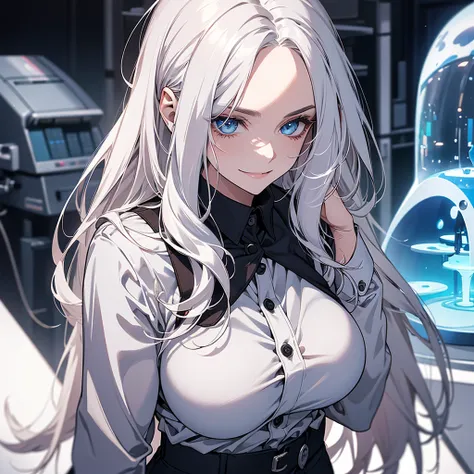 !!1 women!!, ((solo)), very long hair , white hair, dark blue eyes, dark trousers, white shirt, modern fashion outfit, white professor appearance, medical, researcher, research institute, laboratory, office, handsome women, boobs, tits, look aquarium, clos...