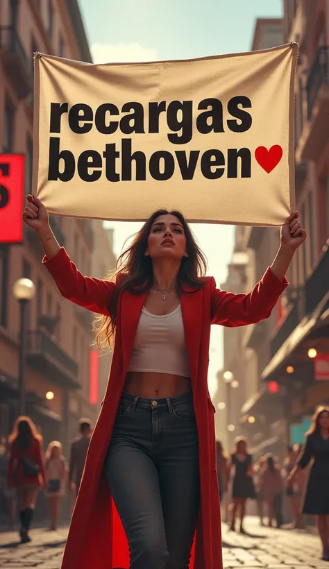  Latin woman standing on the street showing with her hand a spectacular hanging with the text " Recargas Bethoven " And down - always with you - 