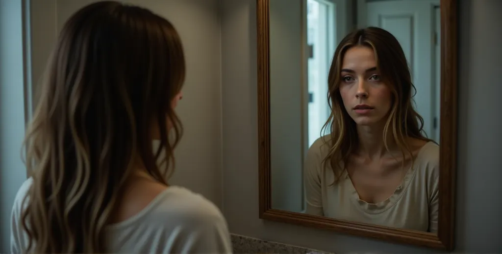 in a small, dimly lit bathroom, gaia stands alone in front of a foggy mirror, her long brown hair with golden blonde highlights ...