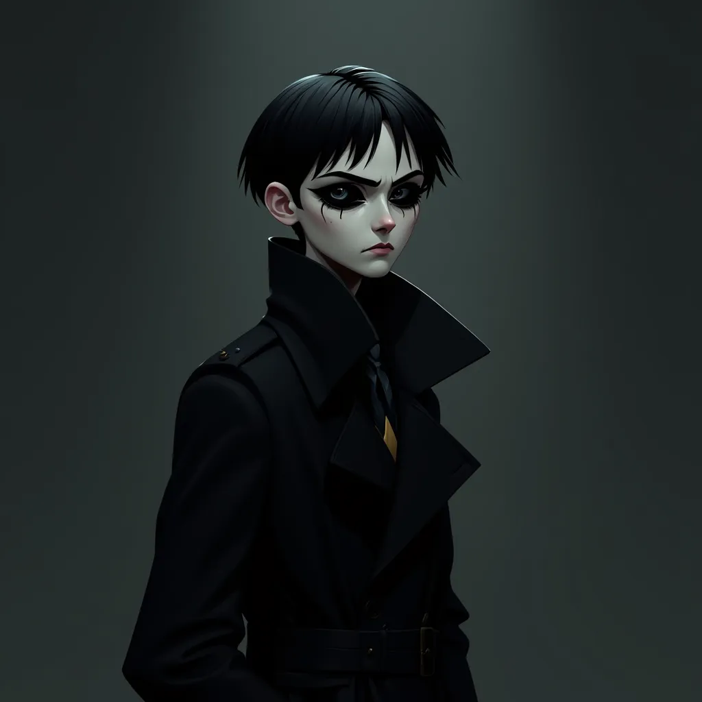 1boy, hazbin hotel oc,black short hair, black trench coat, black eyes, black sclera, pale skin,black pupils,