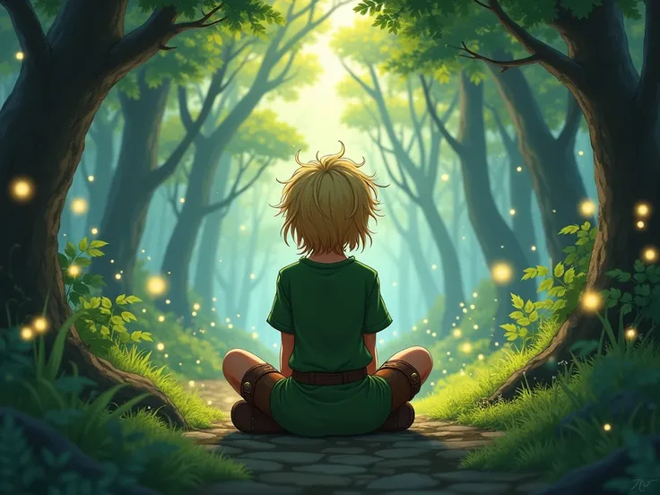 A young adventurer with messy, shoulder-length blonde hair sits cross-legged on the ground, viewed from behind, gazing into a lush, mystical forest. They wear a green tunic, a leather belt, and sturdy boots, embodying a classic fantasy adventurer aesthetic...