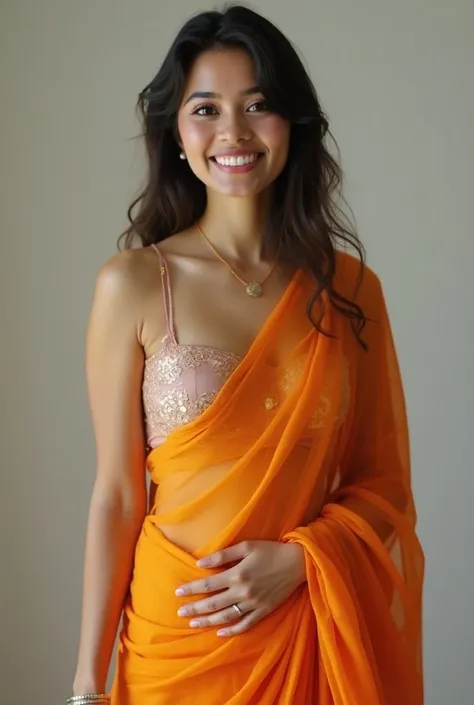 Beautiful, cute sexy white smiling Indian lady with loose sexy saree showing her boobs, stomache,navel etc. Low waist saree below hip and more exposing like showing little part of panty. Saree should look very loose and below her hips so that her half pant...