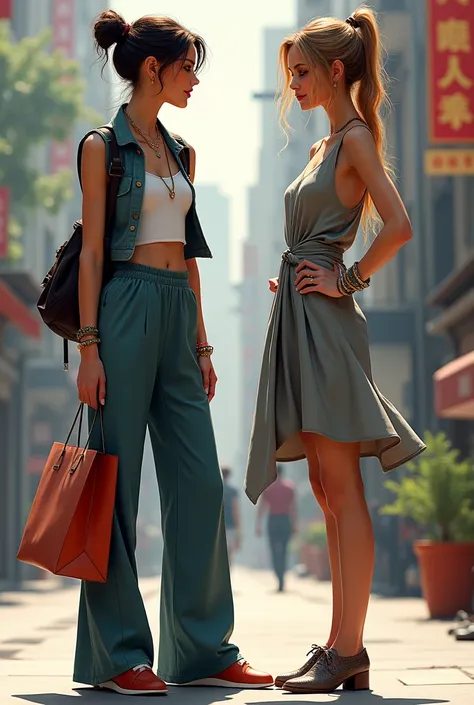 2. Prompt 2: "Generate an artistic representation of two fashionable figures in urban attire. The first is dressed casually with a cropped vest and wide-leg pants, complemented by a shopping bag, while the second showcases a chic, draped gray dress with a ...