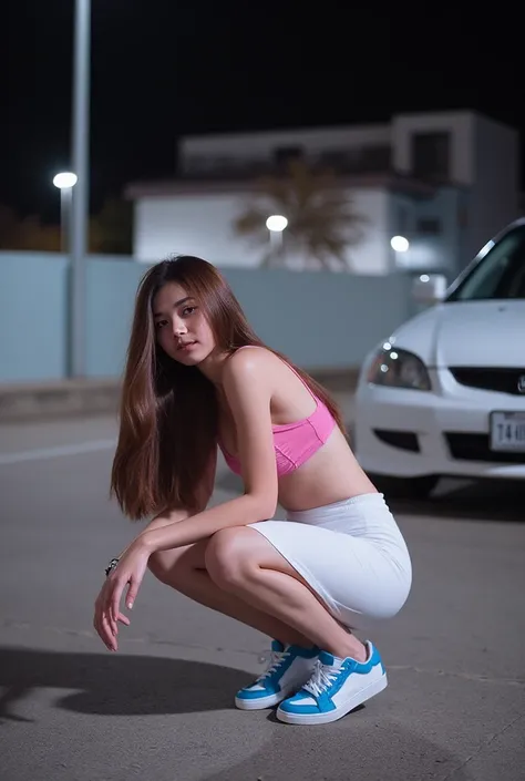 
The brunette long-haired Asian girl poses beautifully, wearing a thin white skirt, revealing pink panties. Her beauty pose sits squatting down to the floor while showing off her pink lingerie, wearing blue and white sneakers. Behind her is a Honda Civic p...