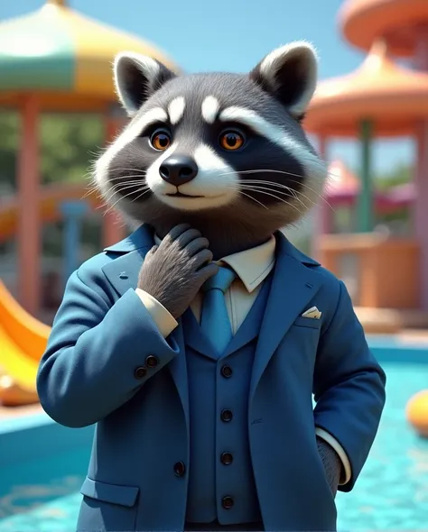 Adult Tall Gray Aggressive raccoon With amber eyes In a classic blue suit and tie Worth thoughtfully in the water park