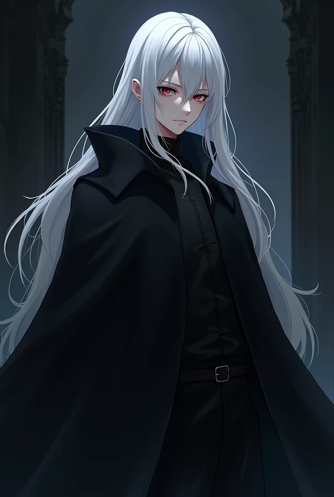 Anime boy with long white hair, black robe, dark side