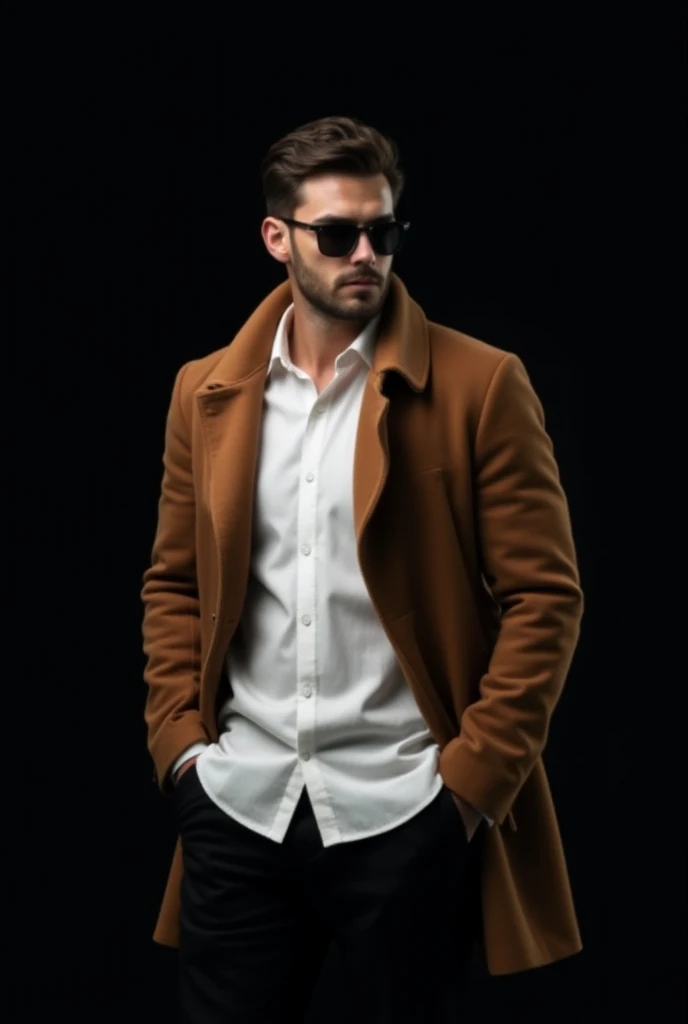 I want to make a real man wearing a casual white winter shirt and a black 
e pant with a  brown coat and sun glasses with a black background with a side pose and add a logo of name zeudon on it 