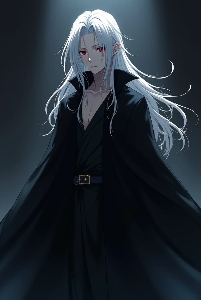 Anime boy with long white hair, black robe, dark side