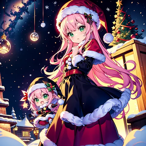  Christmas、 1 beautiful girl with pieces 、 black and white Santa Claus dress、black small silk hat 、Chibi、cute、universe、milky way、Meteor Shower、 Christmasイルミネーション、Red and green neon 、Sheepskin 、Transparent glowing
、christmas、large gift box、Pink Heart、