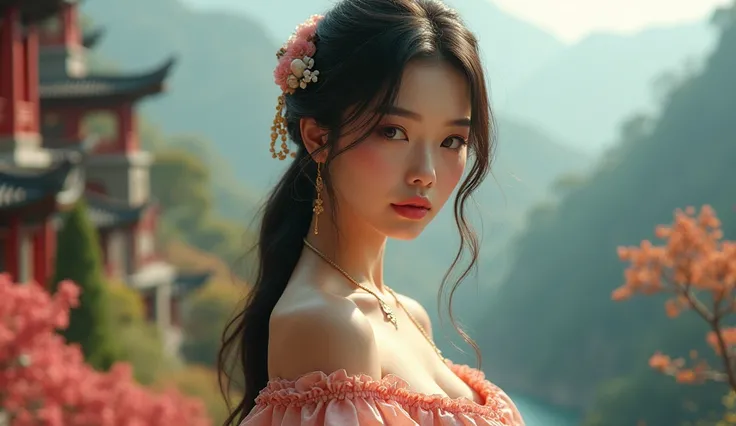 Give me the image of a very beautiful girl with features from Taiwan with very large breasts whose background shows Taiwan very pretty. thank you