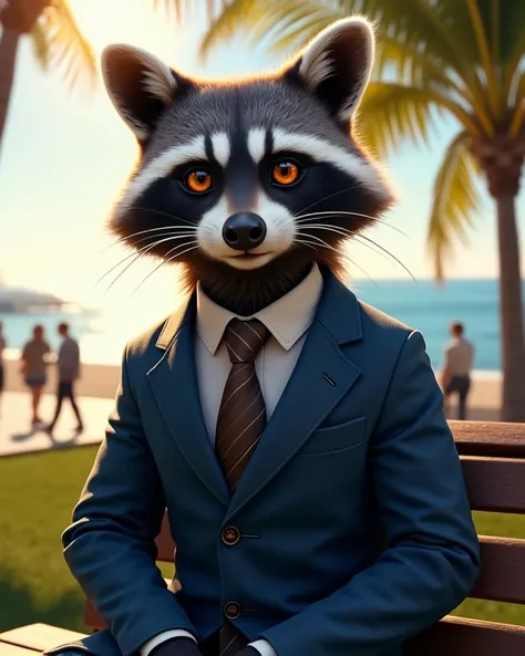 Adult Tall Gray Aggressive raccoon With amber eyes In a classic blue suit and tie Sits on a bench in a park Beautiful palm trees In the park The ocean is shining brightly in the background and the sun is shining brightly in the sky There are many people ar...