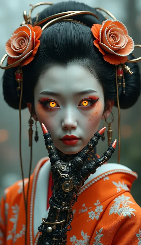 Super giant cyborg geisha， Adorable Crowd ， Steampunk Style， Ultra-Fine，8k，Masterpieces， Precise Mechanical Depiction ，oc renderer，Realistic Geisha 、 decayed 、Glowing Eyes、 Hair Growing from Wires 、 Beautiful Poses by Putting Their Faces on Their Hands