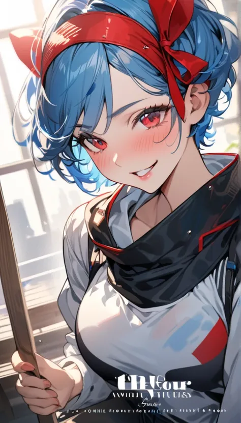  high resolution , masterpiece, precise, Award-winning, 最佳quality, 细节,  high detail ,  HD Model , 高quality, quality, Blue Hair/Water Color Hair, Short hair, Chest, Cover your ears, Blushing, Smile, Tongue, The whole face turns red,  in the eyes, Raise eyeb...