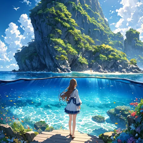  best quality,masterpiece, Detailed Details ,Super detailed, colorful ,The background is the deep blue ocean,Transparency, Uses HDR technology to create a sense of depth,beautiful,beautiful自然,  girl,Alone, He wears a big wise man  &#39;Starry sky pattern r...