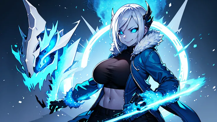 Sans Blue Jacket Black Shirt Fire Eyes Skull Smile Long Lashes White Short Hair Luminous Face Blue Dragon Skull Cannon One Person Standing In Snow Town Femininefull Super huge big breasts breast enlargement full-body shot ultra-detailed, HDR, vibrant color...