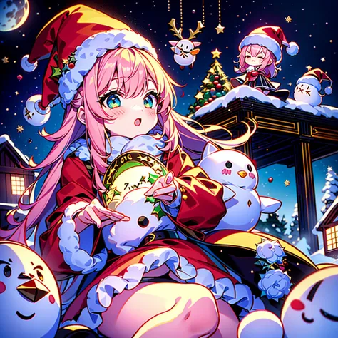  Christmas、 1 beautiful girl with pieces 、black and white Santa Claus dress、black small silk hat 、Chibi、cute、universe、milky way、Meteor Shower、 Christmasイルミネーション、Red and green neon 、Sheepskin 、Transparent glowing
、christmas、large gift box、 Christmasリース、💛、💗