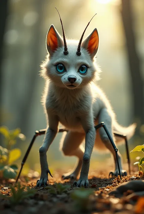 "A unique hybrid creature combining the features of a  mantis and a husky, set in a natural forest clearing illuminated by soft sunlight. The creature has the sleek, furry and manti body of a husky, complete with its thick coat and piercing blue eyes, seam...