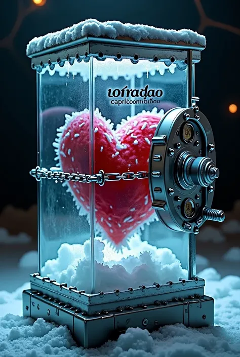 A highly detailed 3D realistic of a romantically stylized, non-human heart made of ice, housed within a giant glass vault. The heart is bound by heavy chains and surrounded by vapor from liquid nitrogen tanks, emphasizing its frozen nature. The vault featu...