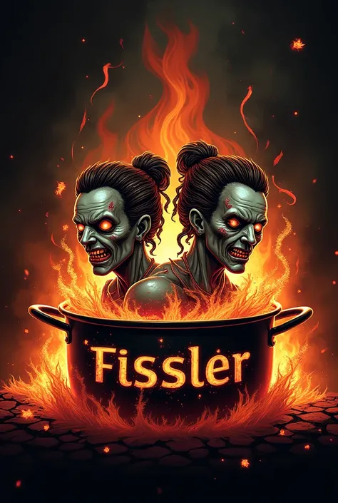 Fissler logo with fire and boiling zombies with mangala-style hair