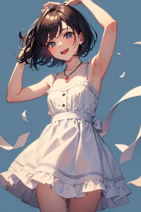 Joyfull, girl, short hair, simple background, joy, happy, cute dress