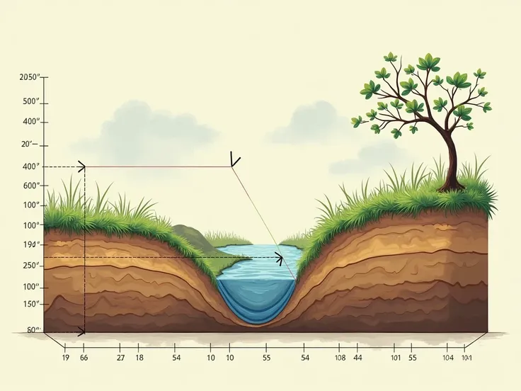  I need to make a technical graph showing two different soil layers on a slope ,  on the surface you can express that it has vegetation cover such as grass for example and that it has a long slope of about 30° of slope and that in the lower part there is a...