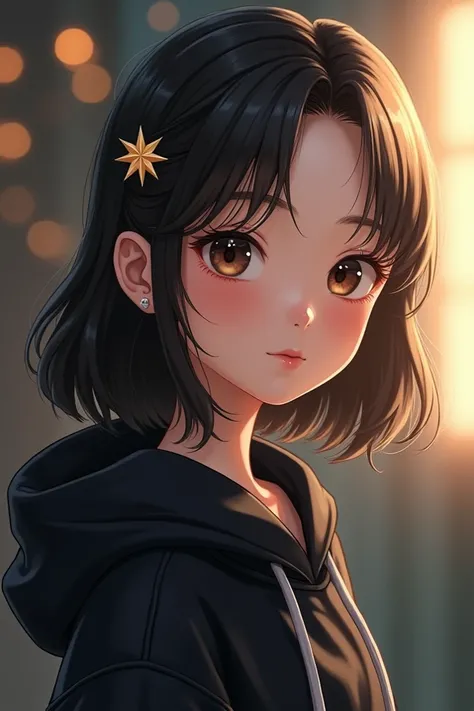 young chinese teenage girl with medium hair that has cute star pin, wearing a black hoodie, 3/4 perspective