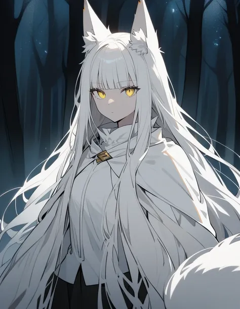  Half Body, one Adult Woman, white Hair, long Hair with bangs, yellow Eyes, two white fox ear On Her head, white fox tail, Wearing a white shirt and cloak, black mini skirt, Beautifull Woman, night forest, holding a bow