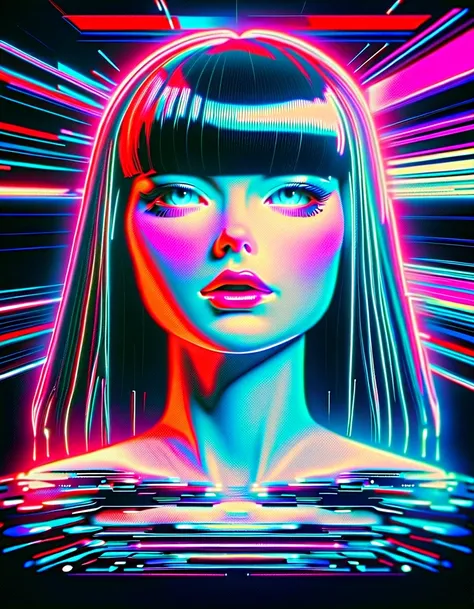 RGB Color Shift, chromatic aberration, RGB Shift, Video Glitch Photo Effect, Color Noise Texture, Video-like noise processing. Highly detailed, Romantic Retro Pop Background, vaporwave style. A retro girl with a beautiful face, neat straight bangs arranged...