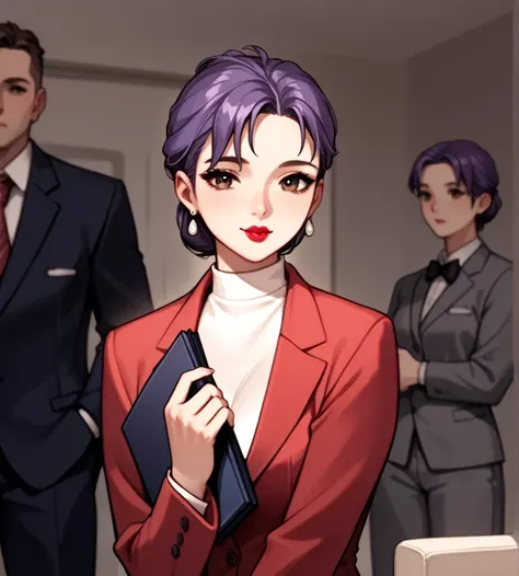 score_9, score_8_up, score_7_up, score_6_up, score_5_up, score_4_up, 1girl, purple hair, short hair, low up do, brown eyes, red suit, formal,  cute, lipstick, super detailed face, detailed eyes, Our Lady、loving mother