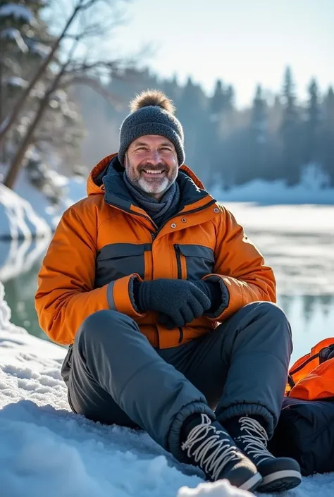 Hi! I need a picture of a man on a winter fishing trip. He is sitting, looking forward and smiling. He is dressed in winter clothes: jacket, hat, pants and boots. Photoraphy should be bright. Thank you.