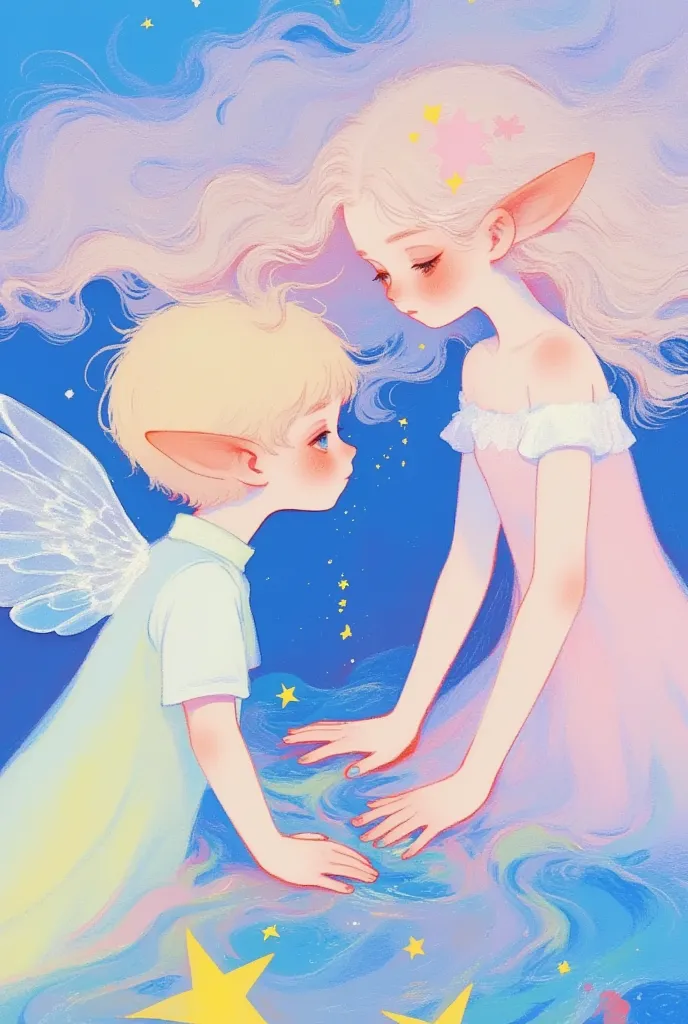 (masterpiece,  is the best quality:1.2),  colored pencil drawing, sketch,    dream illustration soft cute anime illustration, Lowe style, Fantasy art style,  blurred and dreamy illustration。Beautiful angels throw stars into the sea