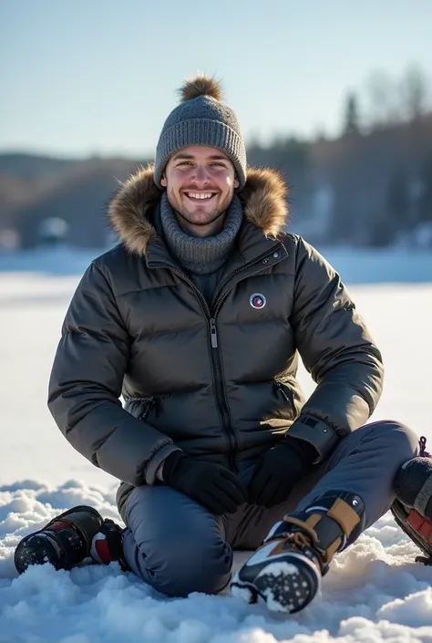 Hi, I need a picture of a young male on a winter fishing trip. He is sitting, looking forward and smiling. He is dressed in winter clothes: jacket, hat, pants and boots. Photoraphy should be bright. Thank you.