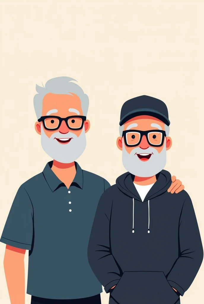 Beautiful, short-haired, gray-haired senior men with black rimmed square glasses are a man wearing a navy blue polo shirt and , a slightly larger middle-aged man wearing a navy blue hat cap, white square glasses, and a black hoodie,Logo illustration with 2...