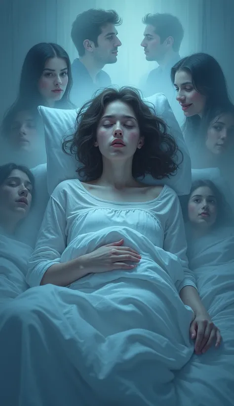 Person lying in bed, surrounded by floating, semi-transparent faces from past memories, all with distinct features. Soft, dreamlike colors in background, like blues and purples, creating a surreal and calm atmosphere.