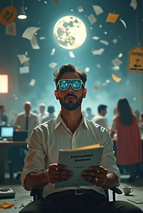 The model is wearing glass sunglasses with stars and thAn office scene with a humorous twist – imagine an office in total chaos, with papers flying everywhere, a coffee cup spilling, a computer monitor with error messages, and a bunch of stressed employees...