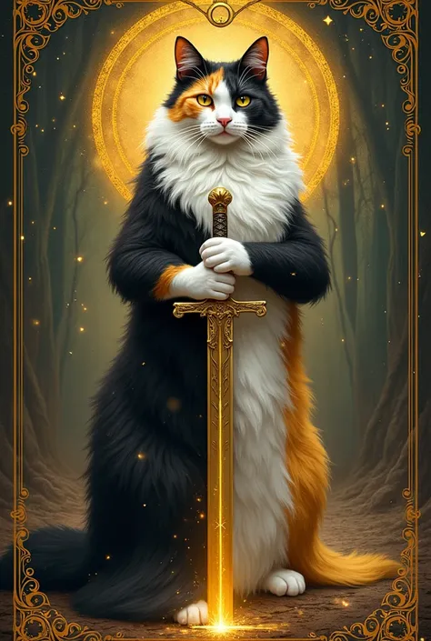 Three-color white black and yellow cat design sword queen tarot card from a long-haired cat