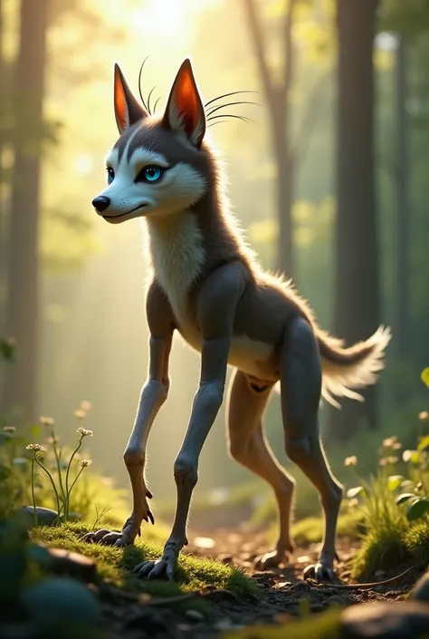 "A unique hybrid creature combining the features of a  mantis and a husky, set in a natural forest clearing illuminated by soft sunlight. The creature has the sleek, furry and manti body of a husky, complete with its thick coat and piercing blue eyes, seam...