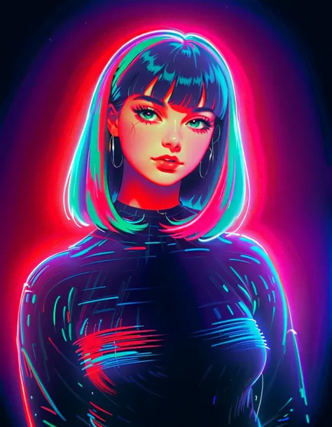 RGB Color Shift, chromatic aberration, RGB Shift, Video Glitch Photo Effect, Color Noise Texture, Video-like noise processing. Romantic Retro Pop Background, vaporwave style. A retro girl with a beautiful face, neat straight bangs arranged horizontally, lo...