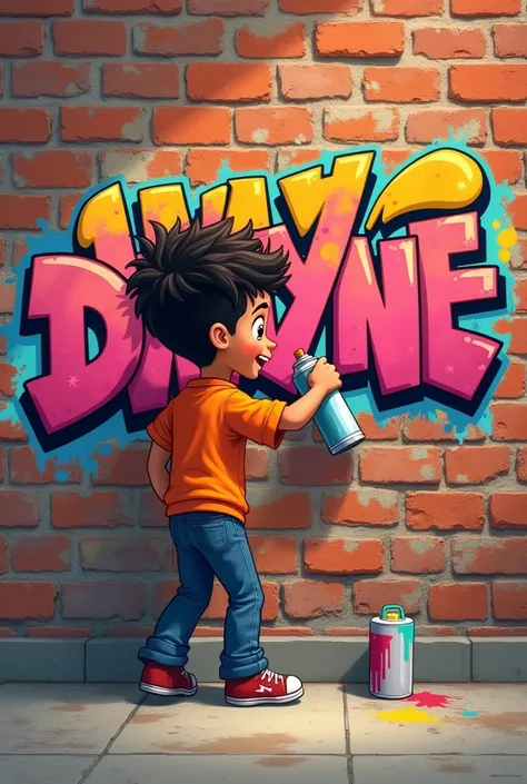 Create a cute  vandalize the brick wall with written name “Dwayne”. The boy holding spray paint. 