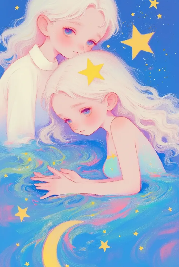  colored pencil drawing, sketch,    dream illustration soft cute anime illustration, Lowe style, Fantasy art style,  blurred and dreamy illustration。Beautiful angels throw stars into the sea