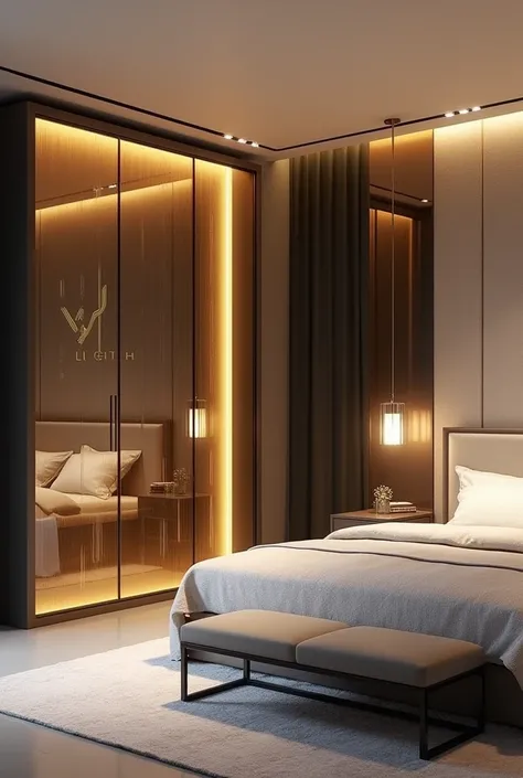 ROOM WITH GLASS WARDROBE WITH GOLDEN POP LIGHTS AND HAVING BED BACK YJ LIGTH LOGO