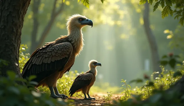 A large vulture mother, with a thoughtful expression, stands under a tall tree with her daughter, who looks shy. The mother gently brings her daughter forward, presenting her to the man. The setting is in a dense forest with sunlight filtering through the ...